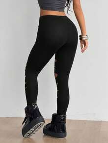 SHEIN ICON Women's Solid Color Ripped Casual Sexy Versatile Daily Wear Leggings Night Black Summer - Black - View 3