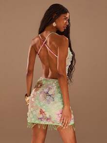 Opulessa Đầm ngủ ngắn gợi cảm hở lưng đính sequin, dây chéo, thích hợp cho nữ đi biển và nghỉ mát. - màu xanh lá - Xem 2