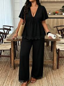 Weeklong Plus Size Women Solid V-Neck Ruched Short Sleeve Top And Pants Casual Suit - Black - View 3