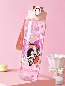 THE POWERPUFF GIRLS X SHEIN 750毫升水瓶，配有硅胶吸管和防漏盖，适合旅行、观光和上学使用，塑料材质。 - 粉色 - 查看 1