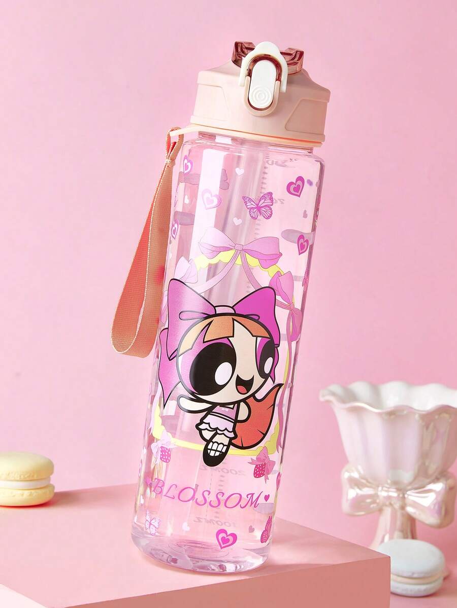 THE POWERPUFF GIRLS X SHEIN 750毫升水瓶，配有硅胶吸管和防漏盖，适合旅行、观光和上学使用，塑料材质。 - 粉色 - 查看 1