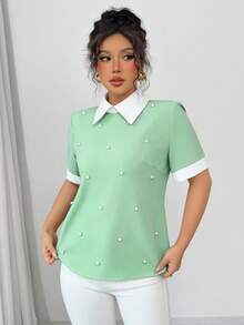SHEIN Clasi 女款拼色珠飾領短袖襯衫 春夏辦公早午餐薄荷綠優雅風 - 薄荷綠 - 查看 3