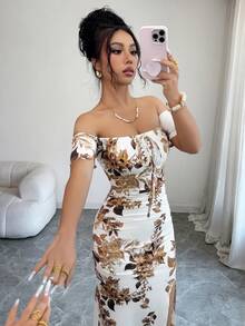 Rafferiza Đầm nữ thanh lịch in hoa, lệch vai, eo chun, xếp ly, xẻ tà cao. - Nhiều màu - Xem 5