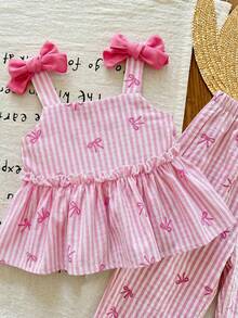 SHEIN LMoss Kids LMoss 女婴夏季可爱条纹吊带背心和松紧腰裤两件套 - 粉色 - 查看 5