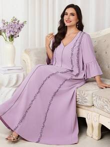 Al Najma Vestido de estilo árabe con mangas con volantes bordadas para mujer de talla grande - Rosa - Ver 3