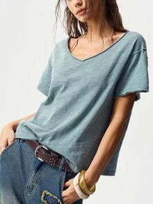 Bohemela Casual Solid Color V-Neck Short Sleeve Loose T-Shirt For Women,Summer Top - Green - View 1
