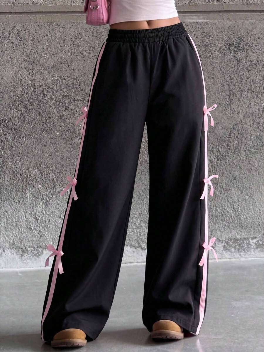 SHEIN 少女黑色阔腿裤,松紧腰带配抽绳,带口袋和蝴蝶结装饰,适合休闲、户外、度假、街头、派对和休闲场合。 - 黑色 - 查看 1