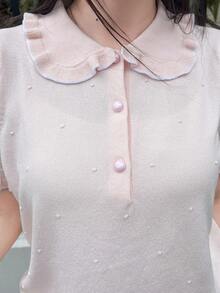 FRIFUL Women's Early Summer/Autumn New Korean Solid Color Peter Pan Collar Short Sleeve Lightweight Knit Top Cute Tops - Apricot - View 4