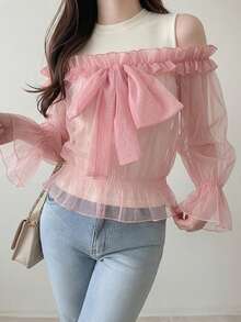 FRIFUL Conjunto de 2 piezas de mujer de unicolor con tela de malla transparente, manga con volantes y lazo, versátil y casual - Albaricoque - Ver 2