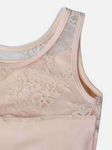 SHEIN 女童米色芭蕾舞运动服——蕾丝拼接设计紧身衣，亲肤高弹面料，适合芭蕾舞表演、瑜伽练习和体操训练 - 杏色 - 查看 4