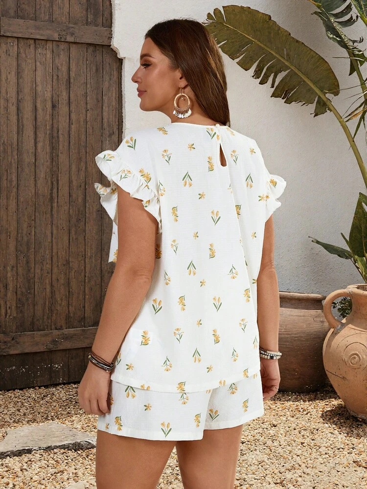 Plus Size Women All-Over Print Top And Shorts 2 Pieces Casual Outfit Summer Summer Outfit For Women Festival Outfits For Women Beach Outfits For Women Vacation Outfits Women Holiday Outfits  For Women Country Concert Outfit  Outfits Women Set Summer Casual Sets For Women