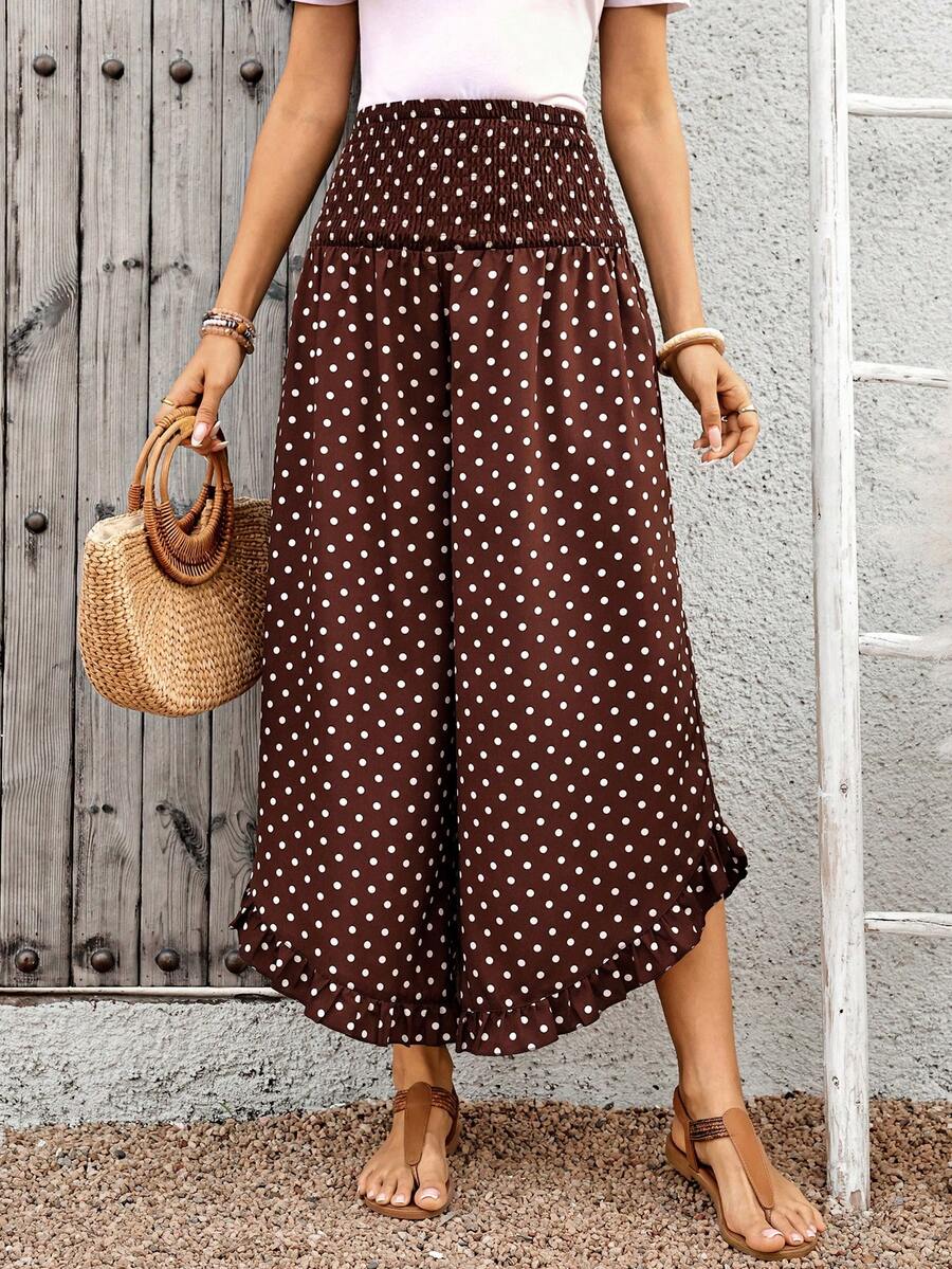 EMERY ROSE Women's Polka Dot Casual Versatile Wide Leg Pants For Daily Wear - Brown - View 1
