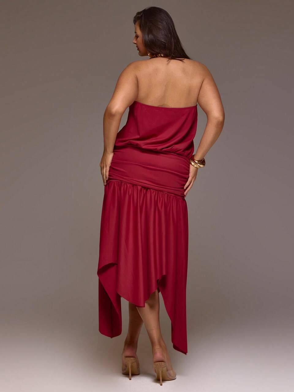 Curve Red Woven Beaded Bandeau Strapless Hanky Hem Midi Dress