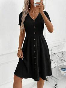 SHEIN Clasi Đầm dệt jacquard thanh lịch, thích hợp mặc hàng ngày. - màu đen - Xem 6
