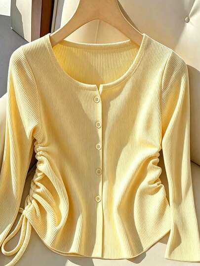 Franclia Cardigan Wanita Pinggang Elastis Berkerut Minimalis Romantis Lengan Panjang Warna Kuning Musim Gugur untuk Wanita