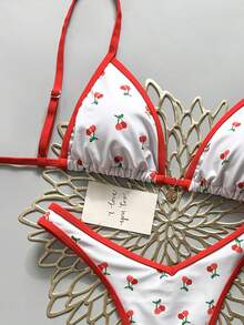 Swim MOD 2pcs/Set Random Floral Print Gold Disc Decor Halter Triangle Bikini Top And High Cut Thong Bottoms Sexy Swimwear Set, Spring/Summer - Multicolor - View 5