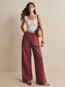 Poéselle Women's Casual Striped Drawstring Waist Straight Leg Pants - Burgundy - View 6