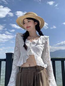 DAZY 女士网纱韩版春夏长袖休闲上衣 - 白色 - 查看 5