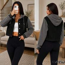 Demin Jacket, With Sweatshirt Sleeves And Cap, Removable Hat, Black Color - negro - View 6