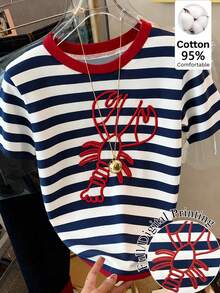 SHEIN EZwear Áo thun nữ tay ngắn cổ tròn dáng rộng, chất liệu 95% cotton - Họa tiết kẻ sọc, hình tôm hùm, phong cách đường phố punk retro miền Tây, thích hợp cho kỳ nghỉ, lễ tốt nghiệp, tựu trường, mùa hè, đạp xe. - Nhiều màu - Xem 6