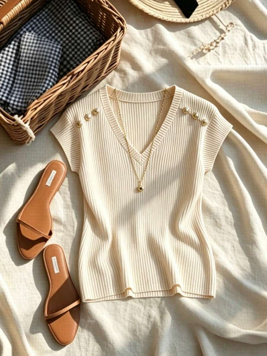 Franclia Beige Summer Elegant Women's V-Neck Knit T-Shirts,Metal Button Accent Short Sleeve Holiday Picnic Tops,Casual Country-Style Business Vacation Apparel - Khaki - View 1