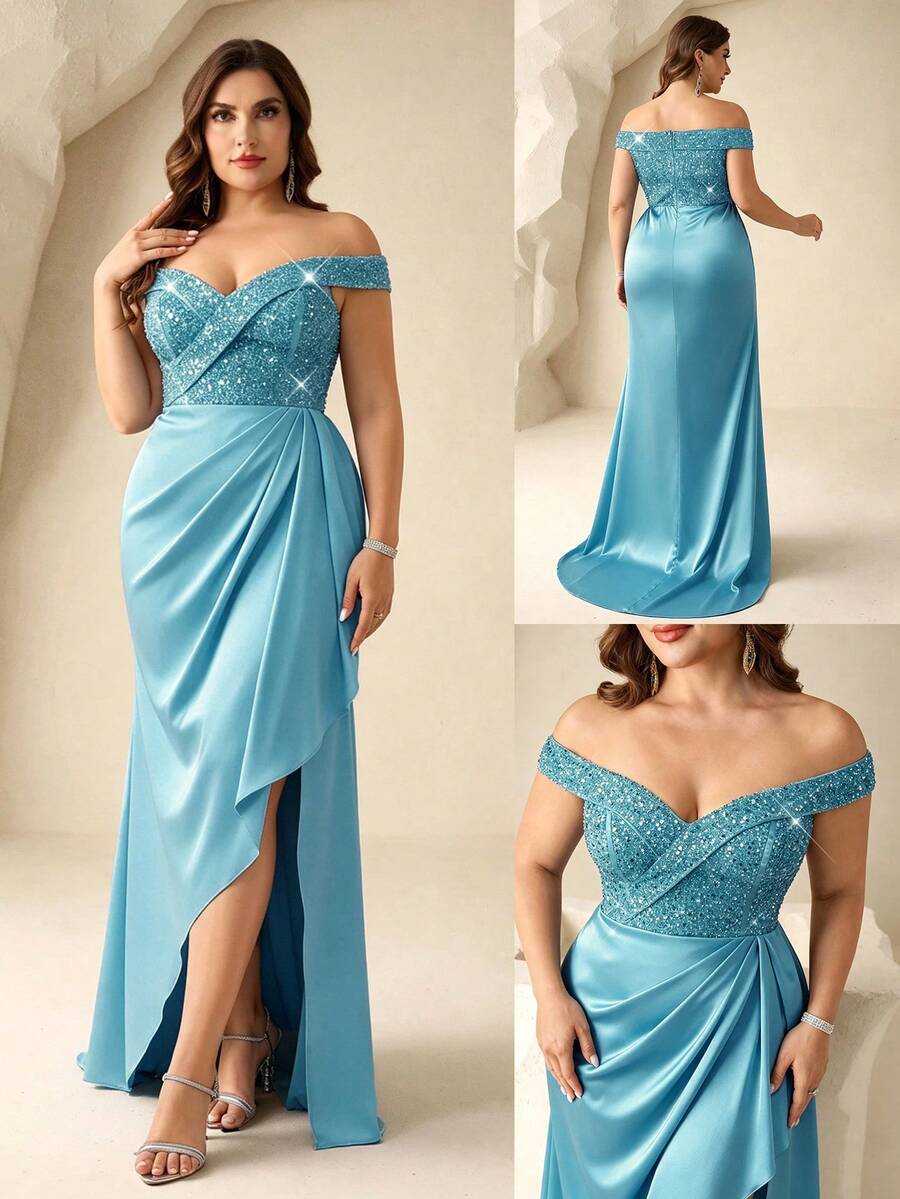 Coutiva Gaun Malam Formal Patchwork Payet Leher V Ukuran Besar (Hiasan Mewah) - Baby Blue - View 1