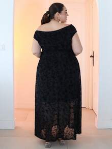 Pretty and Ole 大尺碼女款春夏長款壓花網紗洋裝，適合生日、婚禮、伴娘禮服，優雅黑色 - 黑色 - 查看 2