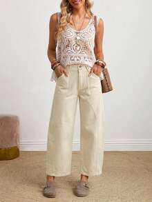 SHEIN PETITE Quần jeans nữ ống loe màu trơn, đơn giản, đa năng, có túi xéo, thích hợp mặc hàng ngày đi làm. - Màu be - Xem 7