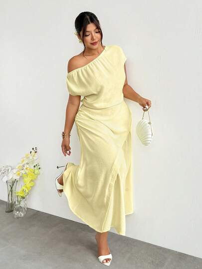 Firerie Plus Size Women's Solid Color Off-Shoulder Cap Sleeve Elegant Dress