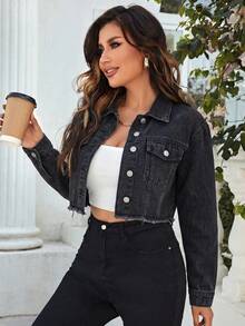 EMERY ROSE Áo khoác denim nữ tay dài cài một hàng khuy, đính ngọc trai, kiểu dáng thường ngày - màu đen - Xem 3