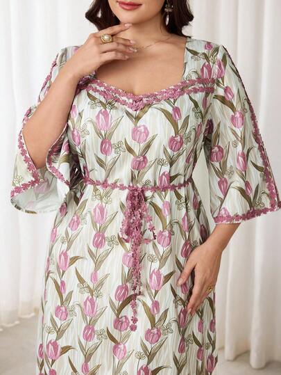 Al Najma 大码女式花卉印花装饰优雅阿拉伯风格连衣裙