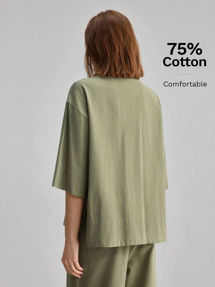 Women's Premium Morandini Gray-Green Comfortable Fabric Basic Minimalist Fitted Shirt, Turndown Collar, Drop Shoulder Mid-Sleeve Design, Front Placket Chest Pocket Decor, Sophisticated, Unisex Urban Casual Fashion Basic Outfit, Low-Key Old Money Vibe, High-Quality Minimalist Neutral Series Design Women Shirt
