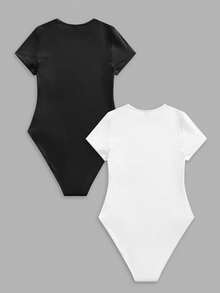 SHEIN BASICS 2pcs Black & White Minimalist Style Women's Bodysuit, Versatile For Spring & Summer - Multicolor - View 4