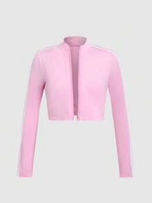 SHEIN Girlism 少女休闲日常舒适纯色外套、背心和短裤套装，运动服 - 粉色 - 查看 9