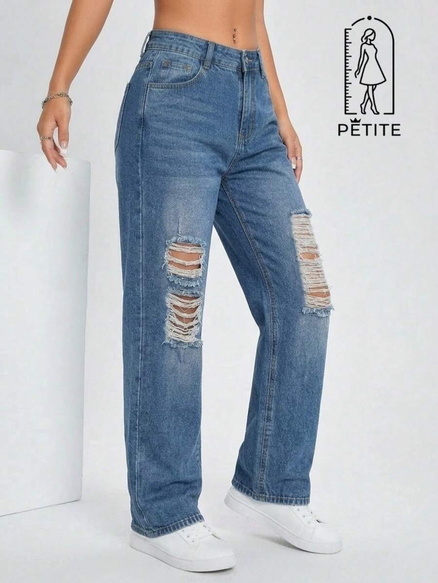 Jean mezclilla corte mom petite tiro alto recto desgaste ligero cierre inferior - Denim Clásico Intenso - Ver 1