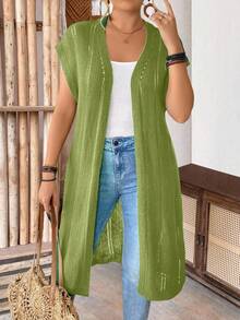 SHEIN LUNE CURVE Plus Size Women's Sleeveless Hollow Out Long Cardigan, Lightweight, Suitable For Vacation, Commute, St. Patrick's Day, Spring/Summer - Olive Green - View 4