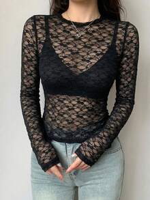 DAZY 女款透視蕾絲圓領修身套頭上衣，黑色，秋季優雅性感長袖，適合外出與夜生活 - 黑色 - 查看 4