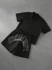 PAVTROS Men's Single-Breasted Short Sleeve Shirt And Letter Print Drawstring Waist Shorts Set - Black - View 2