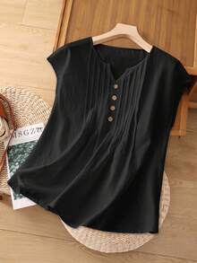 Rusticease Women's Simple Modest Commuter Solid Color Button Decor Notch Collar Blouse, Summer For Mom Black - Black - View 3