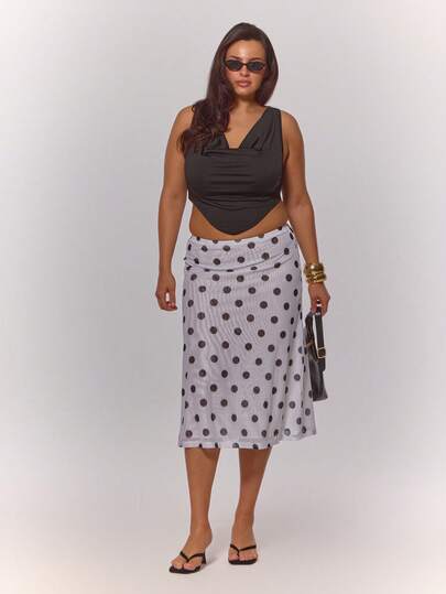 MUSERA Plus Size Mid Rise Polka Dot Mesh Midi Skirt Spring Summer Vacation Holiday Casual Everyday Cute