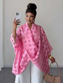 Maweii Plus Size Summer Plaid Loose Twist Knot Collared Shirt - Hot Pink - View 6