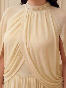 ZEYLAH Ruched Long Cardigan Style Knit Dress, Spring/Summer Formal White Elegant - Apricot - View 2