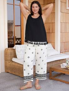 Doze Lane Solid Color Tassel Camisole Top And Printed Pants Plus Size Pajama Set - Multicolor - View 3
