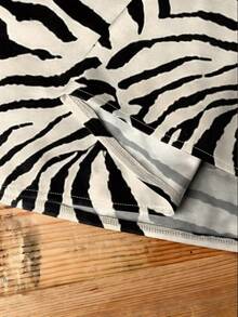 EMERY ROSE Zebra Print Patchwork Striped Pattern Short Sleeve V-Neck Plus Size Shirt Vacation Black Summer Sexy - Multicolor - View 3