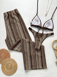 Swim Vcay Women's Summer Brown Boho Beach Patchwork Halter Tie Bikini,Triangle Panty Swimsuit Set With Cover Up Pants,Holiday,Bohemian Vacation Swimwear,2026 - Multicolor - View 2
