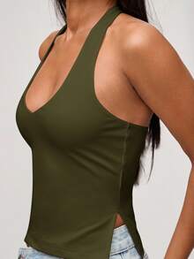 SHEIN BASICS Casual Solid Color Knit Halter Neck Top For Women - Army Green - View 6
