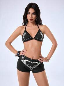 Y2Kool Vecteezy Bộ bikini nữ màu đen in hình trái tim cánh thiên thần phong cách Y2K cá tính, thích hợp cho các bữa tiệc mùa xuân/hè, kỳ nghỉ, bãi biển, lễ hội âm nhạc. - màu đen - Xem 3