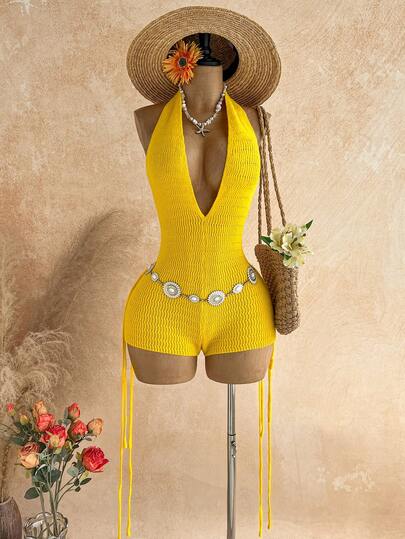 Soleia Women's Casual Retro Vacation Jumpsuit, Mustard Deep V-Neck Halter Minimalist Tassel Design, Suitable For Casual, Date, Afternoon Tea, Beach, Cruise, City Vacation, Music Festival, Party, Boho, Hippie, Western Style, Can Be Worn Inside Or Outside, Suitable For All Seasons, Daily Commute