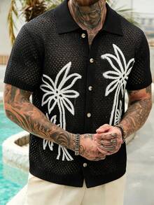 VENTUSAIL Men's Palm Tree Pattern Short Sleeve Single-Breasted Knit Top - Black - View 5