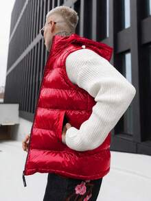 Artur Kramer Men's Simple Solid Color Zip-Up Hooded Padded Vest, Autumn/Winter Puffer Vest Red Clothes Red Puffer Vest Vests Red Vest - Red - View 3